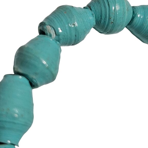 Handcrafted Paper Turquoise Gold Bead Elastic Bracelet Eco Friendly Recycled - Picture 2 of 4